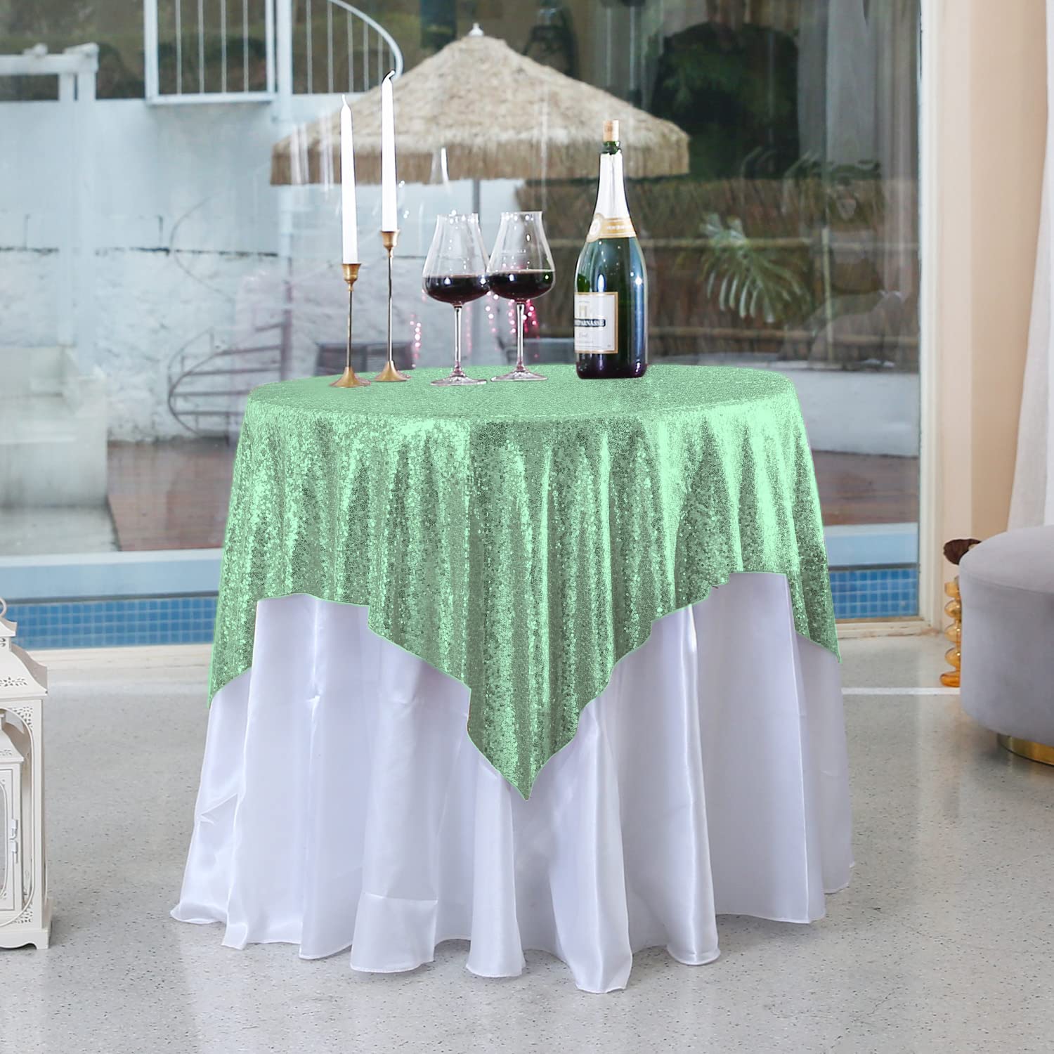 Fyledaee Sequin Tablecloth Square Mint Green 50X50 Inch Glittering Shimmer Tablecloth For Wedding Baby Shower Birthday Party Din